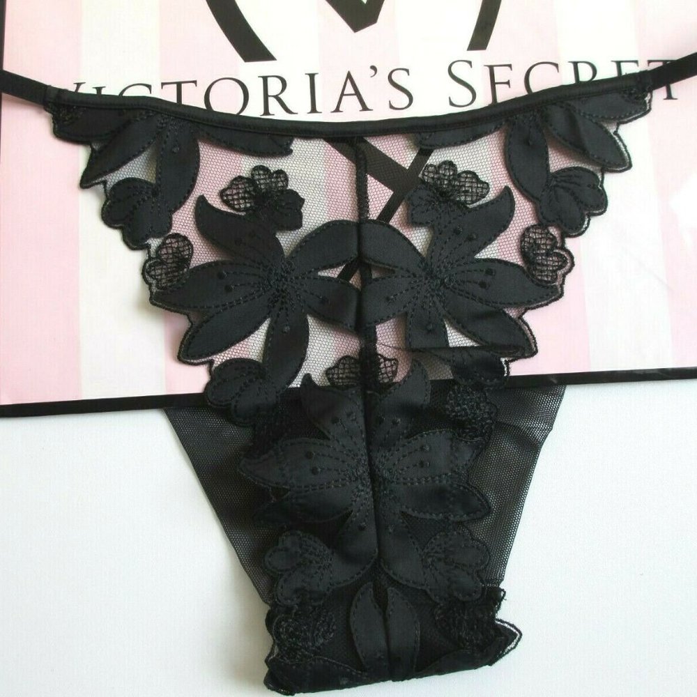VICTORIA'S SECRET VERY SEXY Black Mesh Brazilian Panty M L XL Embroidered VS
